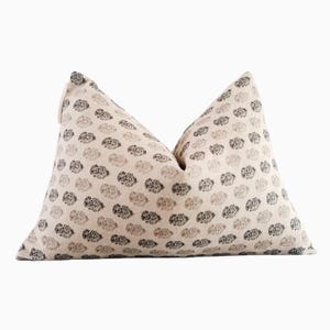 Floral Linen Lumbar Pillow Cover Beige Block Print Throw Pillow for Couch Bed or Housewarming Gift