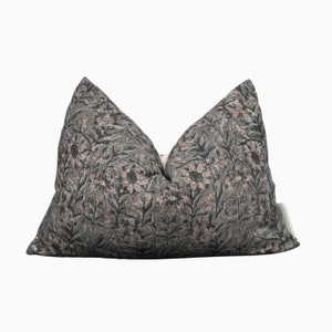 Lumbar Blue Grey Linen Pillow Cover, Block Linen Pillow Covers, Blue Grey Throw Pillow, Hand Block Throw Pillows, Floral Linen Pillows