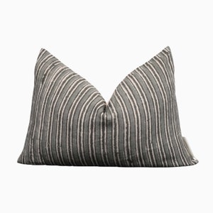 Lumbar Grey Linen Stripe Pillow Cover, Blue Grey Stripe Pillow Covers, Neutral Stripe Throw Pillow, Blue Grey Striped Throw Pillows