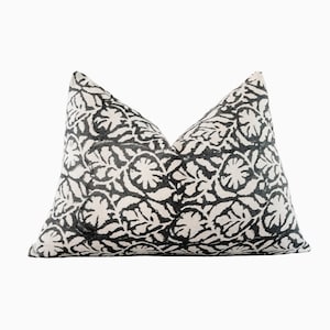 Lumbar Floral Linen Throw Pillows, Black Floral Block Print Pillow Cover, Black Pillows, Block Print Cover, Designer Cushions