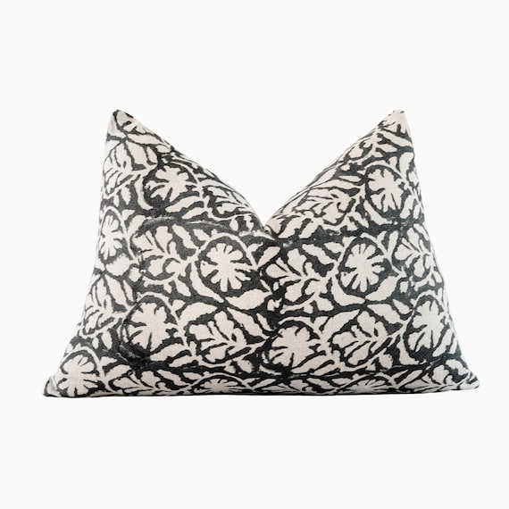 Lumbar Floral Linen Pillow Cover, Black Block Print Cushion