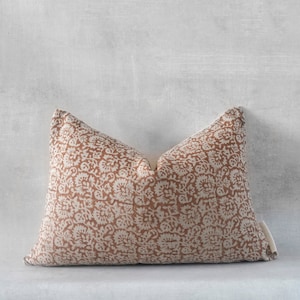 Terracotta Brown Rust Pillow Cover | Designer Floral Brown on Natural Linen Pillow Cover | Floral Accent Pillow Cover | High End Pillow
