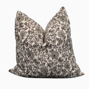 Cream Olive Green Floral Linen Pillow Cover, Hand Block Print Cushion, Olive Throw Pillow, Cream Floral Sofa Pillow Cover