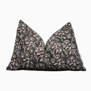Floral Linen Lumbar Pillow Cover, Brown Black Block Print Cushion, Decorative Throw Pillow, Floral Farmhouse Pillow Cover