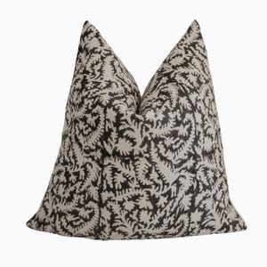 Black and Brown Floral Pillow Cover, Designer Black Noire on Natural Linen, Boho Throw Pillow, Decorative Floral Cushion Cover