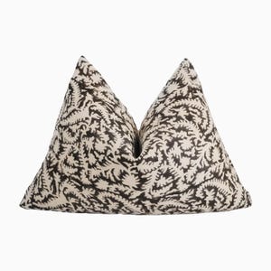 Dark Brown Floral Linen Lumbar Pillow Cover Boho Block Print Cushion for Sofa or Bed Decorative Throw Pillow