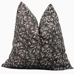 Capa de almofada de linho em bloco floral preto, capas de almofadas florais, travesseiro preto, almofadas em bloco de linho, almofadas de linho em bloco floral