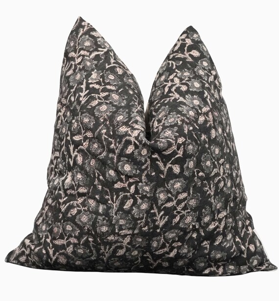 Black Floral Block Linen Pillow Cover Floral Pillow Covers Black Throw Pillow Block Linen Throw Pillows Floral Block Linen Pillows Etsy