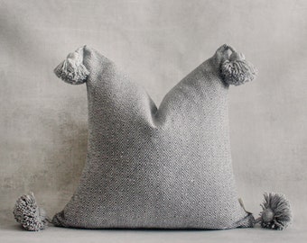 Herringbone Soft Grey Pillow Cover | Pom Pom Pillow Cover | Tassel Pillow | Vintage Indian Wool Pillow | High End Pillow | Housewarming Gift