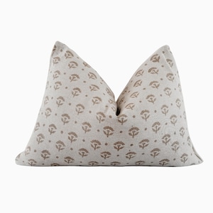 Floral Linen Lumbar Pillow Cover | Beige Throw Pillow | Hand Block Print Cushion | Boho Accent Pillow | Housewarming Gift