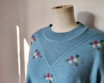 Vintage Damart soft blue jumper sweater embroidered