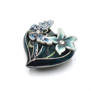 Small Pewter Enamel Deep Green Flower Heart Shape Trinket Box