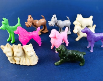 Group of 10 Vintage 1960s Breakfast Colorful Mini Plastic Cereal Toy Dog Figurine