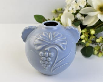 Stunning Vintage Baby Blue Round Ceramic Bud Vase with Embossed detail Marked to base.