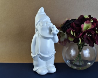 High gloss white gorgeous poly resin inside Gnome statue with his little birdy friend