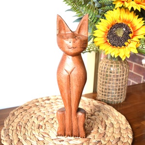 Mid Century Tall Carved Wooden Cat Statue