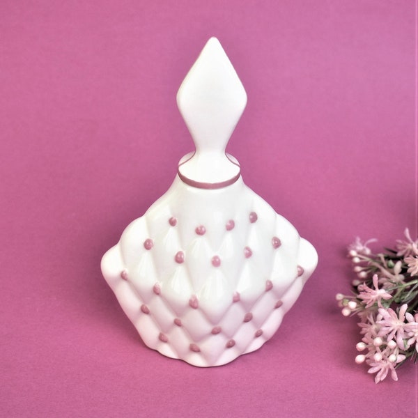 Handmade White Ceramic Perfume Bottle and stopper with cute little pink dots. Signed to base