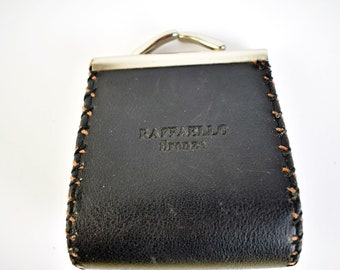 Vintage RAFFAELLO FIREANZE Black leather Coin Purse with Brown Stitching & Silver Hardware