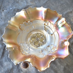 VINTAGE Dugan Apple Blossom Carnival Ruffled Glass Bowl Iridescent Marigold Bowl