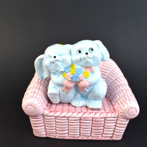 Cute Vintage Ceramic Made in Japan Signed Pink couch with little blue bunnies money box