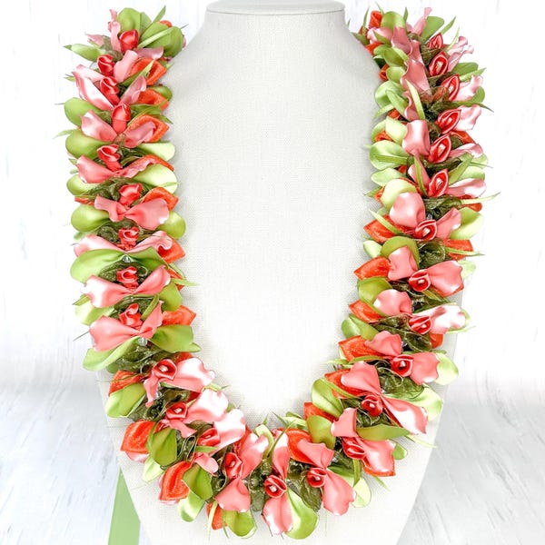 Coral Orchids Ribbon Lei
