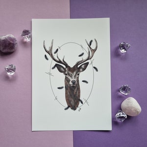 Stag Head with Feathers Wildlife Art Print Giclée A5 Home Decor Wall Art Bedroom Children&#39;s Bedroom Nursery
