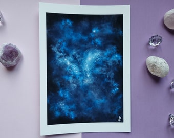 Blue Galaxy Nebula Art Print Digital Illustrated Giclée Print A5 Home Decor Wall Art Bedroom Children's Bedroom