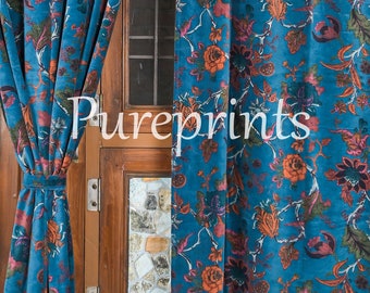 Teal Blue Floral Velvet Curtains: Boho Luxury Drapes