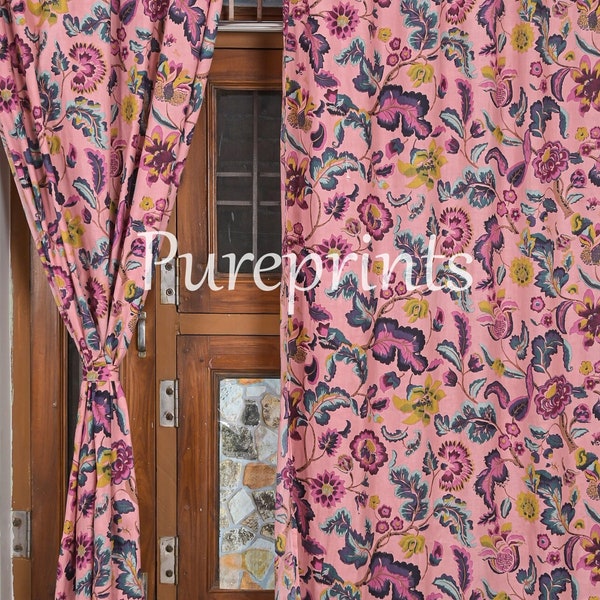 Vintage print boho floral curtains, Cotton Curtain, Set Of Two Curtains, Semi Sheer Drapes, Housewarming Gift, Light Weight Summer drapes.