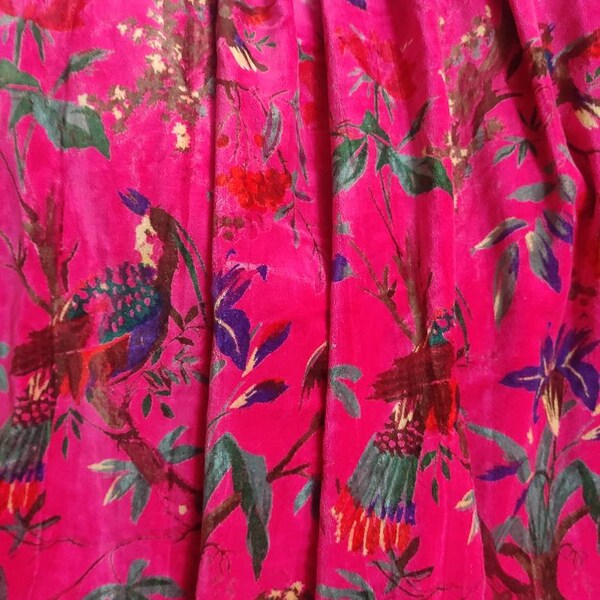 Vintage Style Cotton Velvet Hot Pink Color Bird Print luxury Curtain, Boho Curtain, luxury Drapes, Can Be Customized to Blackout Drapes.