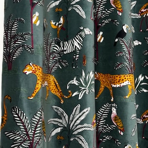 Vintage Style Cotton Velvet Sage Green Forest Paradise Print Curtain, Boho Curtain, luxury Drapes Housewarming Gift, Can Be Customized.