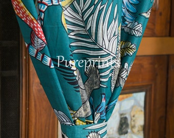 Juego de cortinas de algodón tropical verde azulado: estampado de animales de la selva tropical