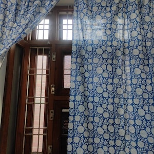 Set Of Two Blue Floral Print Cotton, Colourful Drapes, Boho Curtain, Housewarming Gift.