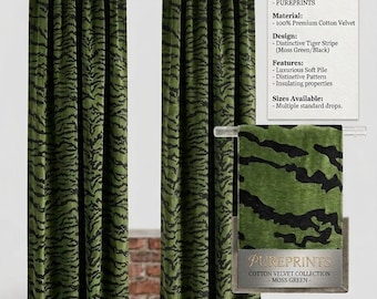 Smaragdgröna tigerrandiga sammetsgardiner – Maximalist djurmönster (100 % bomull)