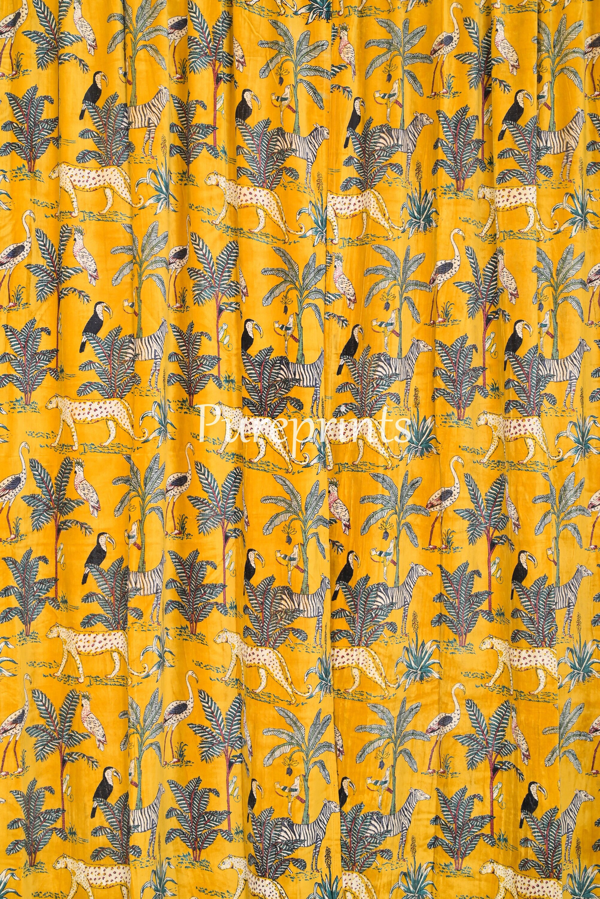Vintage Style Cotton Velvet Mustard Yellow Color Jungle Print luxury Curtain, luxury Drapes Housewarming Gift, Can Be Customized.