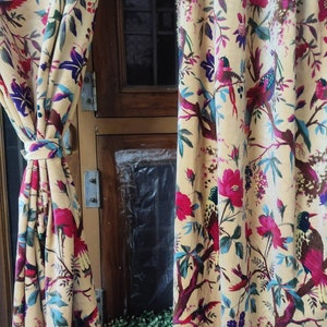 Vintage Style Cotton Velvet Bird Print luxury Curtain,  Boho Curtain,  Housewarming Gift, Can Be Customized Size And Blackout Drapes.