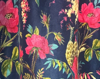 Vintage Style Cotton Velvet Royal Navy Blue Bird Print luxury Curtain, Boho Curtain, luxury Drapes Housewarming Gift, Can Be Customized.