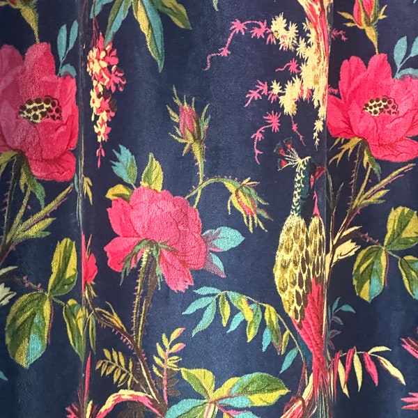 Royal Navy Blue Velvet Curtain: Bird Print Boho Drapes
