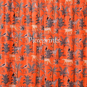 Vintage Cotton Velvet Coral Orange Color Jungle Print luxury Curtain, Boho Curtain, luxury Drapes Housewarming Gift, Can Be Customized.