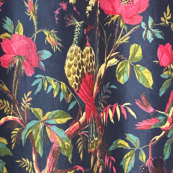 Vintage Cotton Velvet Curtain: Blue Bird Print Boho Drapes