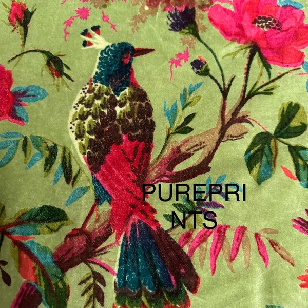 Luxe katoenfluweel vogelprint op maat, olijfgroen fluwelen stof voor bekleding tas, lampenkap, gordijn, kussenhoes en woondecoratie.