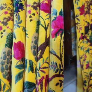 Vintage Style Cotton Velvet Sunshine Yellow Color Bird Print luxury Curtain, Boho Curtain, luxury Drapes, Can Be Customized.