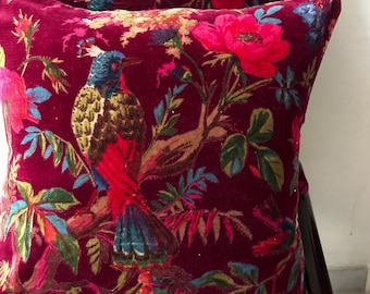 Funda de almohada de terciopelo rojo vino, estampado de pájaros, tamaño personalizado