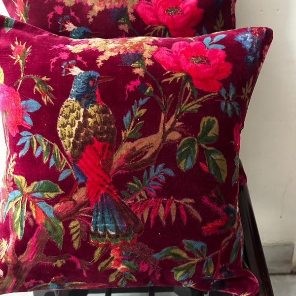 Wine Red Velvet Pillow Cover, Bird Print, Custom Size