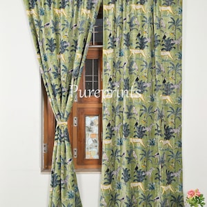 Vintage Cotton Velvet Sage Green Color Jungle Print luxury Curtain, Boho Curtain, luxury Drapes Housewarming Gift. Can Be Customized.