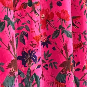 Hot Pink Velvet Curtain: Bird Print Boho Drapes