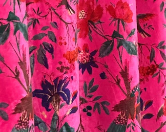 Hot Pink Velvet Curtain: Bird Print Boho Drapes