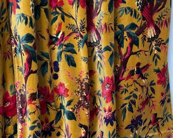Vintage Style Cotton Velvet Golden Mustard Bird Of Paradise Print luxury Curtain, Boho Curtain, Can Be Customised to Blackout Drapes.