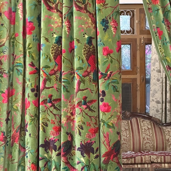 Cortinas de terciopelo de algodón con estampado de aves de oliva hechas a mano / Cortinas personalizadas de lujo