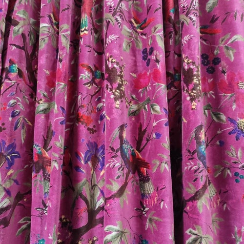 Vintage Cotton Velvet Pink Color Bird Print Luxury Curtain Etsy